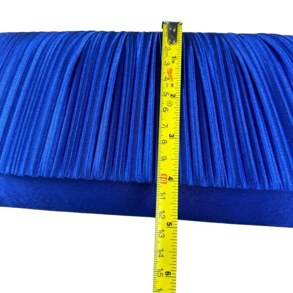 Royal Blue Ruched Satin Detail Flap Square Shiny Clutch Women's Bag Elegant - Picture 6 of 11